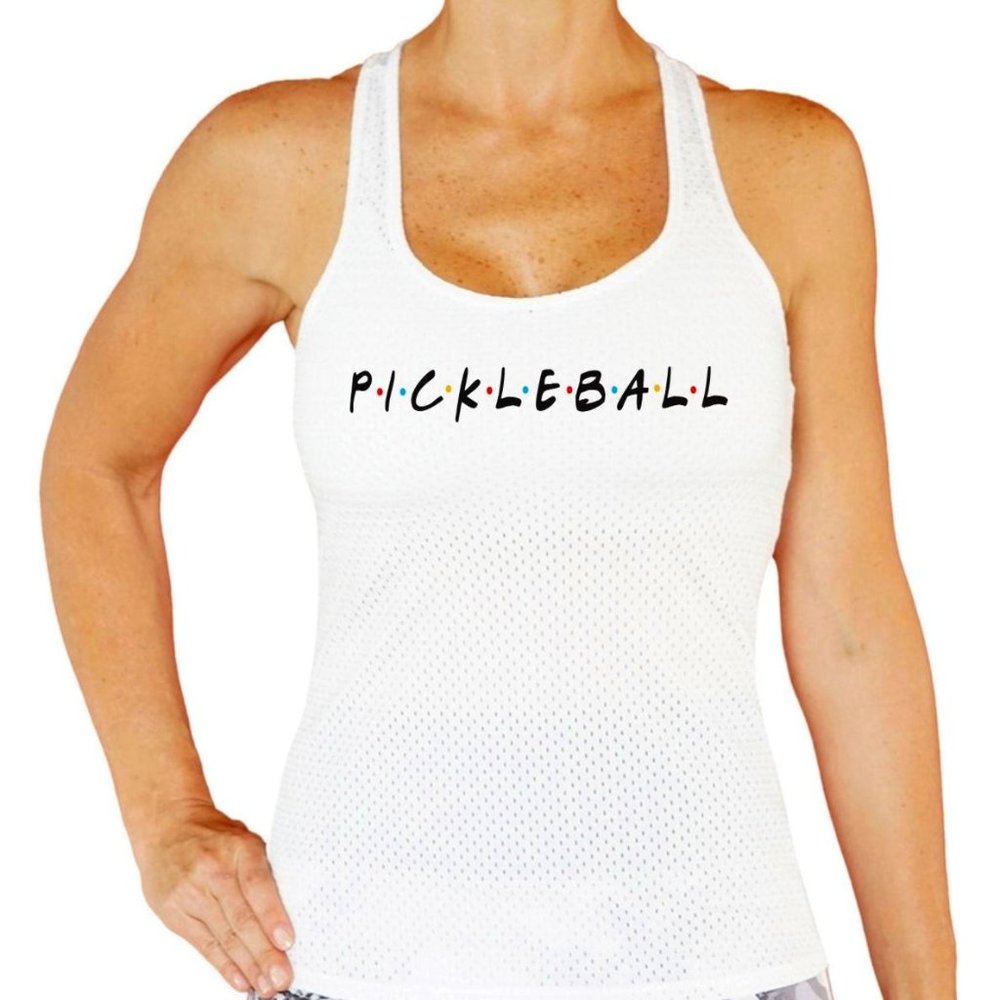LacoaSports Pickleball Friends Mesh Racerback. Printed White.
